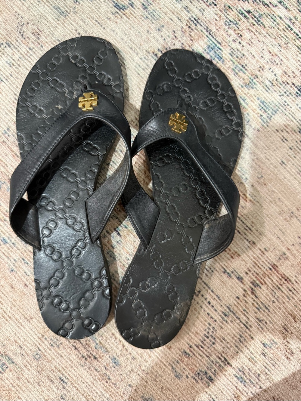 Tory Burch Black Leather Logo Flip-Flop Sandals with Gold Emblem